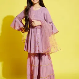 Cherry & Jerry Girls Pink Ethnic Motifs Embroidered Empire Kurta with Sharara & Dupatta-picture-50