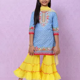 Biba Girls Blue & Yellow Ethnic Motifs Print Regular Cotton Kurta with Sharara & Dupatta-picture-40