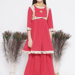 Little Bansi Girls Red Floral Embroidered Regular Pure Cotton Kurta with Sharara & With Dupatta-image-24