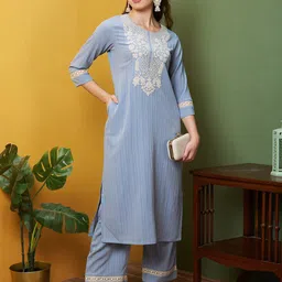 Globus Floral Embroidered Straight Kurta & Pant Set-image-70