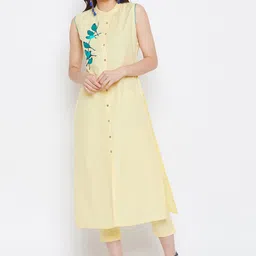 Bitterlime Women Yellow Embroidered Regular Sleeveless Kurta with Trousers-picture-6