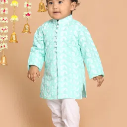 VASTRAMAY Boys Green Floral Chikankari Pure Cotton Kurta with Trousers-49