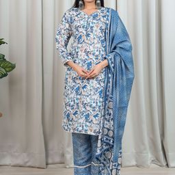 KALINI Floral Printed Chanderi Cotton Kurta with Trousers & With Dupatta-image-34