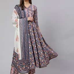 GLAM ROOTS Floral Printed Angrakha Pure Cotton Kurta with Trousers & With Dupatta-picture-46