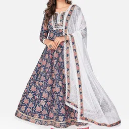 Vbuyz Women Blue Floral Printed Gotta Patti Lace Anarkali Kurta with Trousers & Dupatta-picture-26
