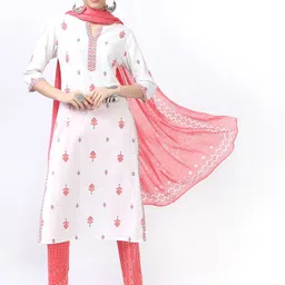 Vishudh Women Off White Ethnic Motifs Printed Pure Cotton Kurta with Trousers & With Dupatta-picture-46