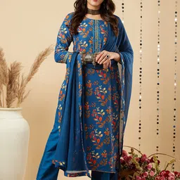 KALINI Floral Printed Regular Mirror Work Kurta with Trousers & Dupatta-6