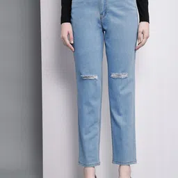 BAESD Women Blue Slim Fit High-Rise Slash Knee Light Fade Stretchable Jeans-picture-28