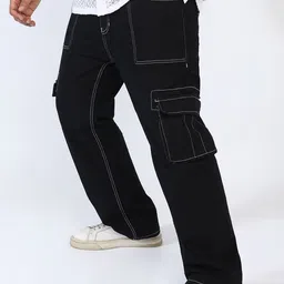 Instafab Plus Men Relaxed Fit Stretchable Contrast-Stitch Cargo Denim Jeans-picture-15