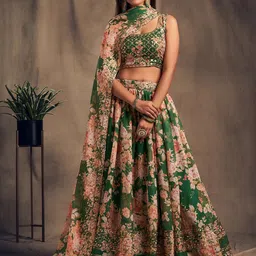 FABPIXEL Green & Pink Embroidered Sequinned Shibori Semi-Stitched Lehenga & Unstitched Blouse With Dupatta-8
