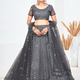 SHOPGARB Grey & Silver-Toned Embellished Sequinned Semi-Stitched Lehenga & Unstitched Blouse With Dupatta-3