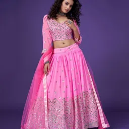 SHOPGARB Pink Sequins Embroidered Diwali Special Georgette Lehenga Choli-image-21