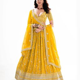 SHOPGARB Embroidered Sequinned Semi-Stitched Lehenga & Unstitched Blouse With Dupatta-picture-6