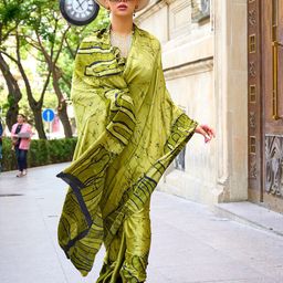 Mitera Olive Green & Black Abstract Printed Pure Crepe Saree-image-35