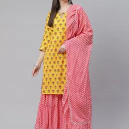 Divena Women Yellow Floral Printed Regular Gotta Patti Pure Cotton Kurta with Sharara & With Dupatta-picture-20