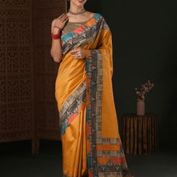 Anouk Yellow Ethnic Motifs Silk Blend Designer Dabu Saree-image-70