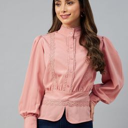 plusS Pink Solid Lace Insert Detail Bishop Sleeves Top-22