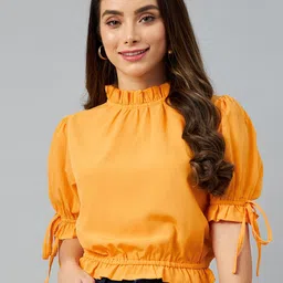 plusS Yellow Solid Mandarin Collar Top-image-70