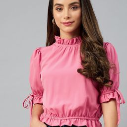 plusS Pink Solid Mandarin Collar Blouson Top-image-74