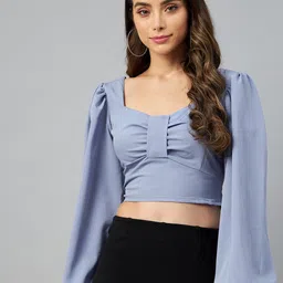 plusS Blue Solid Smocked Detail Top-image-93
