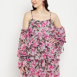 Bitterlime Floral Printed Cold-Shoulder Sleeves Layered Georgette Dress-image-75