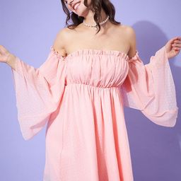 Berrylush Self Design Off-Shoulder Ruffled A-Line Dress-image-4