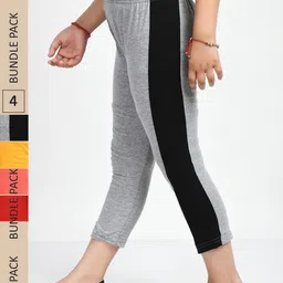 IndiWeaves Girls Pack Of 4 Mid-Rise Side Striped Pure Cotton Capris-image-96