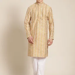 SOJANYA Men Golden Ethnic Motifs Embroidered Kurta with Churidar-image-64