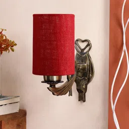 Devansh Antique Maroon & Gold-Toned Wall Lamp With Textured Jute Conical Shade-19