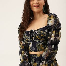 ANVI Be Yourself Floral Print Tie-Up Neck Puff Sleeve Georgette Crop Top-image-75