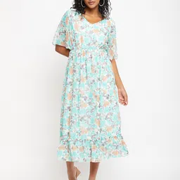 Bitterlime Floral Printed V-Neck Flared Sleeves Flounce Fit & Flare Midi Dress-image-38