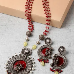 ZENEME Silver-Plated Stone Studded & Beaded Antique Jewellery Set-86