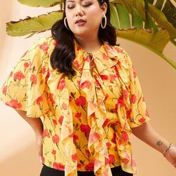 SASSAFRAS Curve Floral Printed Tie-Up Neck Ruffles Top-picture-36