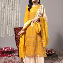 Varanga Ethnic Motifs Embroidered Sequinned Detail Straight Kurta & Sharara With Dupatta-picture-11