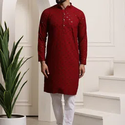 SOJANYA Ethnic Motifs Embroidered Regular Sequinned Pure Cotton Kurta with Churidar-image-79
