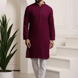 SOJANYA Ethnic Motifs Embroidered Regular Sequinned Pure Cotton Kurta with Churidar-image-73