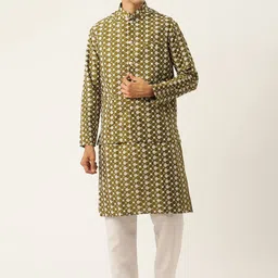 SOJANYA Men Green Ethnic Motifs Embroidered Kurta Set With Nehru Jacket-12