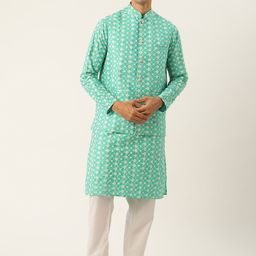 SOJANYA Men Blue Ethnic Motifs Embroidered Kurta Set With Nehru Jacket-21