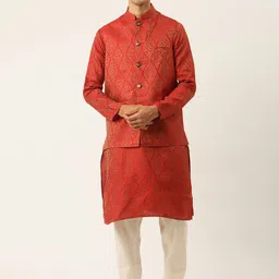 SOJANYA Men Red Ethnic Motifs Kurta Set With Nehru Jacket-picture-43