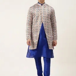 SOJANYA Men Blue Solid Kurta with Churidar & Jacket-picture-28
