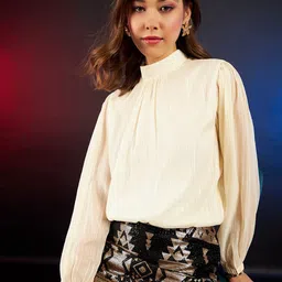 DressBerry Cream-Coloured Mock Neck Puff Sleeves Top-image-8