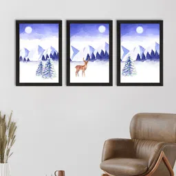 eCraftIndia Set of 3 Blue & White Winter Night Printed Satin Matte Texture UV Art Paintings-17