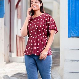 Sztori Women Plus Size Magenta & Off White Polka Dots Print Pleated A-Line Top-picture-29