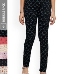 IndiWeaves Girls Pack Of 6 Allover Printed Ankle Length Pure Cotton Leggings-image-24