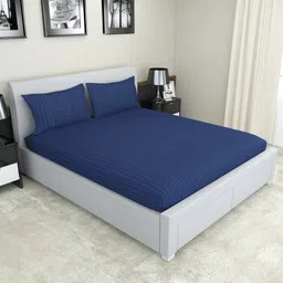 Nendle Navy Blue Striped 300 TC Cotton Fitted King Bedsheet With 2 Pillow Covers-picture-23