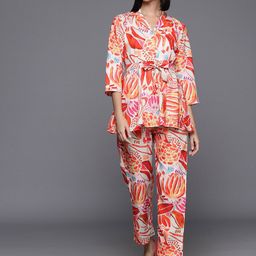 KALINI Floral Printed Notched Lapel Collar Top With Flared Trousers-3