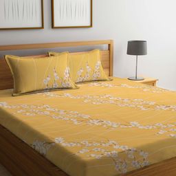 KLOTTHE Yellow & White Floral 400 TC Pure Cotton Fitted Double King Bedsheet Set-image-57
