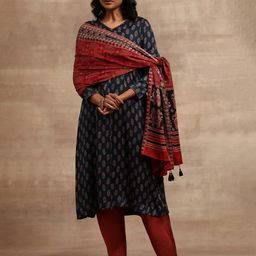 W Women Red & Black Ethnic Motifs Printed Block Print Dupatta-7