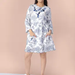 Naughty Ninos Girls White & Blue Tropical Printed Belted Dress-image-33