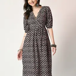 Sangria Black Ethnic Motifs Printed Gathered Detailed Cotton A-Line Ethnic Dress-picture-23